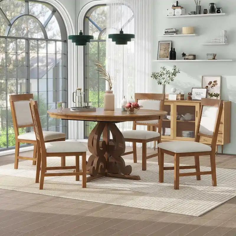 Ensemble table à manger extensible ronde style rétro 5 pièces, blanc antique/noyer, pour 4 à 6 personnes