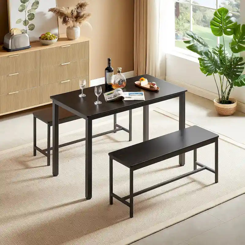 Ensemble Table à Manger Industrielle avec 2 Bancs, 4 Places, Noir / Marron Rustique / Blanc+Naturel / Gris, Pieds en Métal