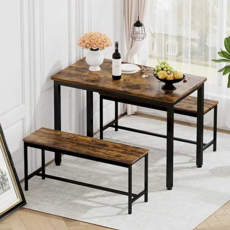Ensemble Table à Manger Industrielle avec 2 Bancs, 4 Places, Noir / Marron Rustique / Blanc+Naturel / Gris, Pieds en Métal