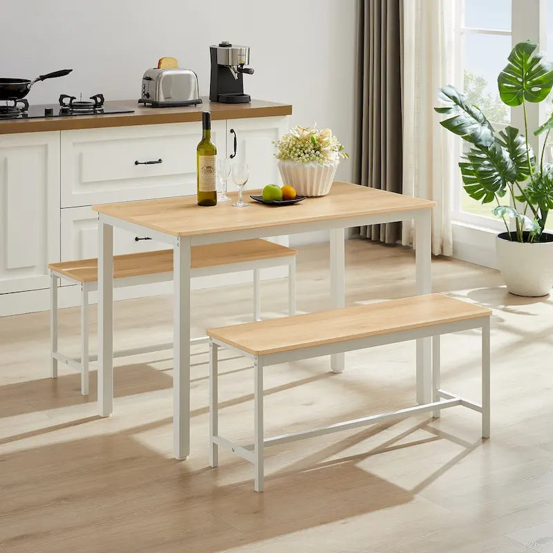 Ensemble Table à Manger Industrielle avec 2 Bancs, 4 Places, Noir / Marron Rustique / Blanc+Naturel / Gris, Pieds en Métal