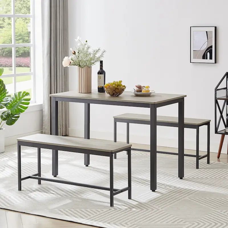 Ensemble Table à Manger Industrielle avec 2 Bancs, 4 Places, Noir / Marron Rustique / Blanc+Naturel / Gris, Pieds en Métal