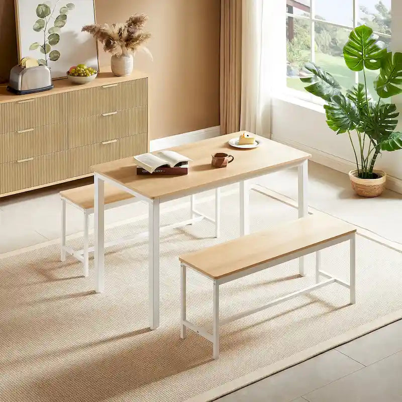 Ensemble Table à Manger Industrielle avec 2 Bancs, 4 Places, Noir / Marron Rustique / Blanc+Naturel / Gris, Pieds en Métal