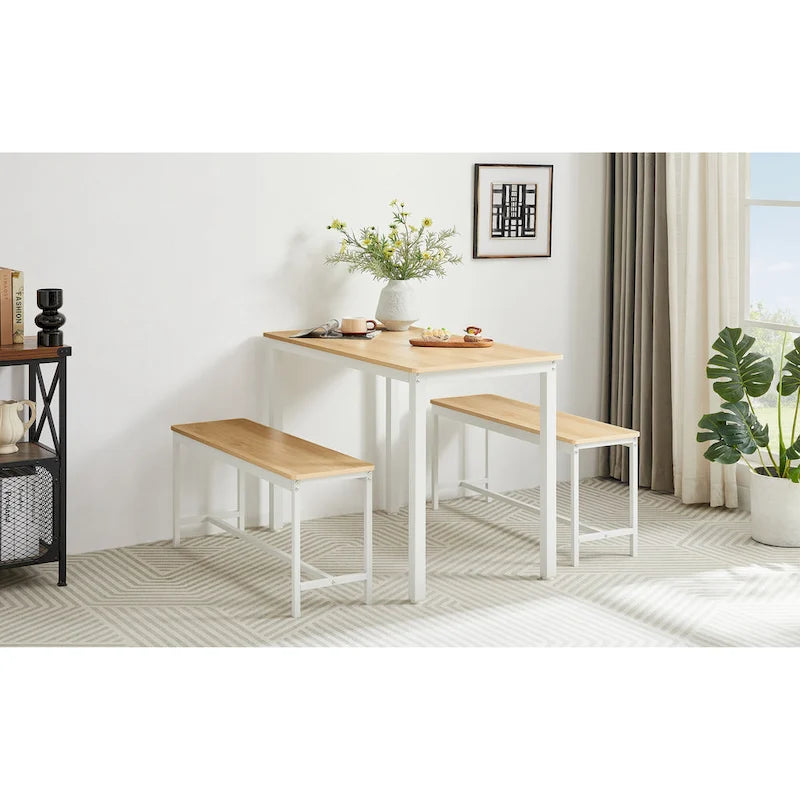 Ensemble Table à Manger Industrielle avec 2 Bancs, 4 Places, Noir / Marron Rustique / Blanc+Naturel / Gris, Pieds en Métal