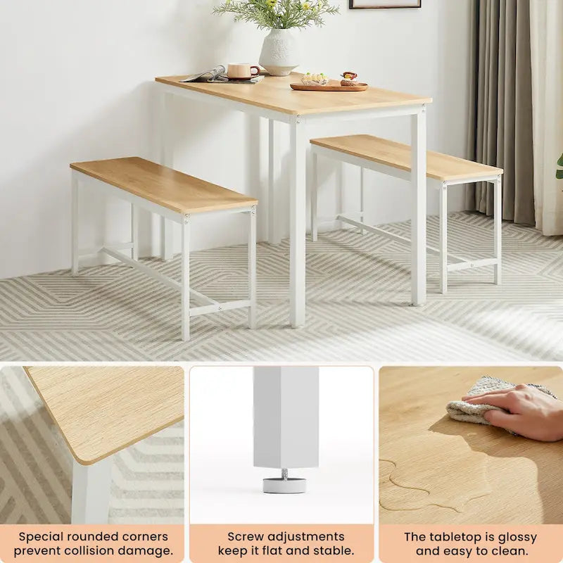 Ensemble Table à Manger Industrielle avec 2 Bancs, 4 Places, Noir / Marron Rustique / Blanc+Naturel / Gris, Pieds en Métal