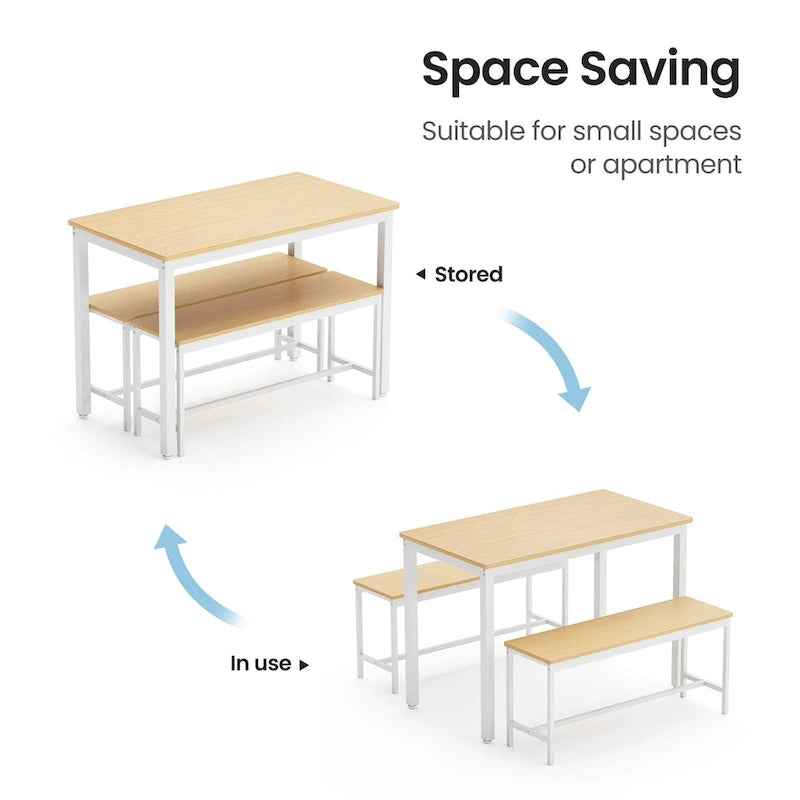 Ensemble Table à Manger Industrielle avec 2 Bancs, 4 Places, Noir / Marron Rustique / Blanc+Naturel / Gris, Pieds en Métal