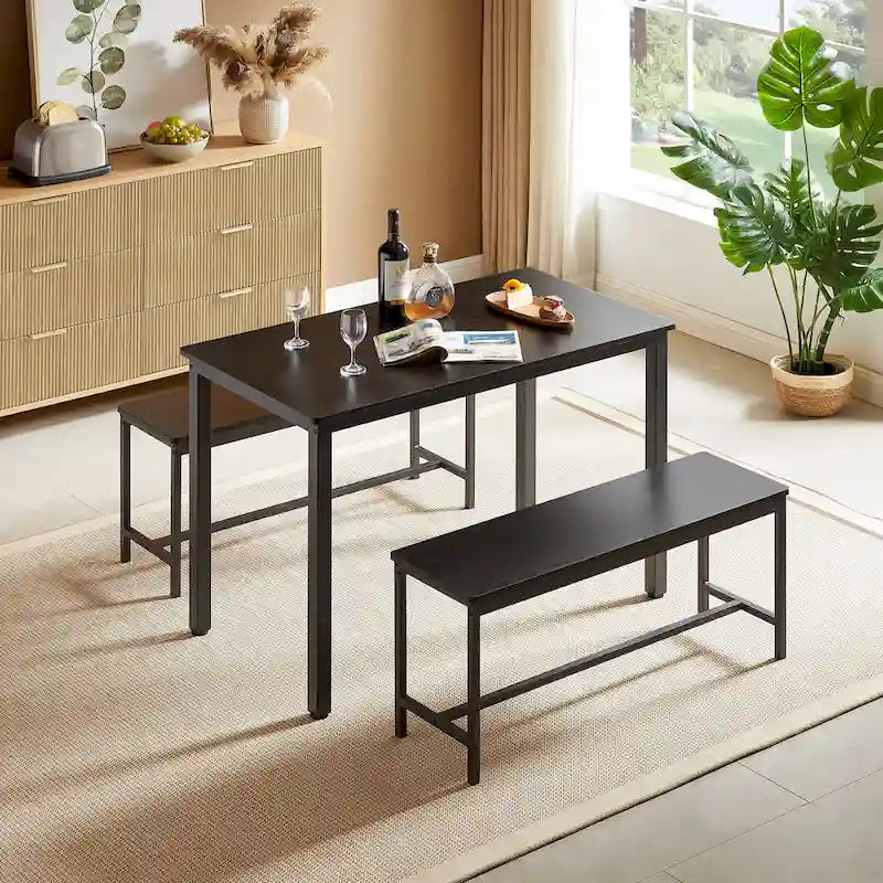 Ensemble Table à Manger Industrielle avec 2 Bancs, 4 Places, Noir / Marron Rustique / Blanc+Naturel / Gris, Pieds en Métal