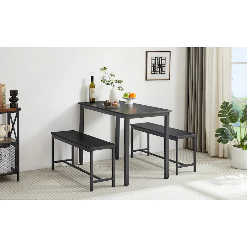 Ensemble Table à Manger Industrielle avec 2 Bancs, 4 Places, Noir / Marron Rustique / Blanc+Naturel / Gris, Pieds en Métal