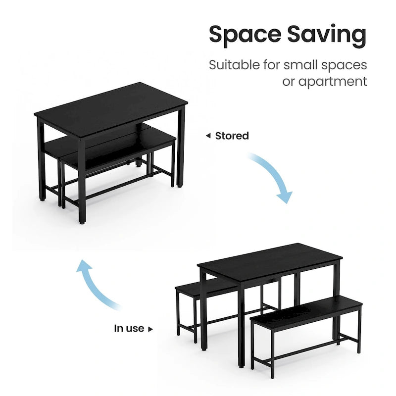 Ensemble Table à Manger Industrielle avec 2 Bancs, 4 Places, Noir / Marron Rustique / Blanc+Naturel / Gris, Pieds en Métal
