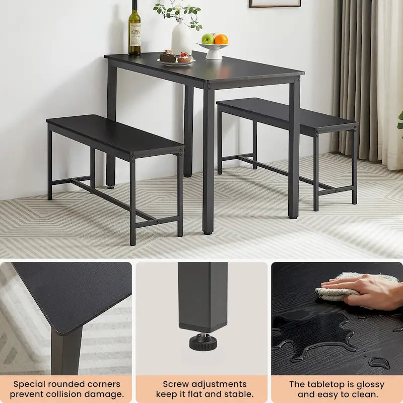 Ensemble Table à Manger Industrielle avec 2 Bancs, 4 Places, Noir / Marron Rustique / Blanc+Naturel / Gris, Pieds en Métal