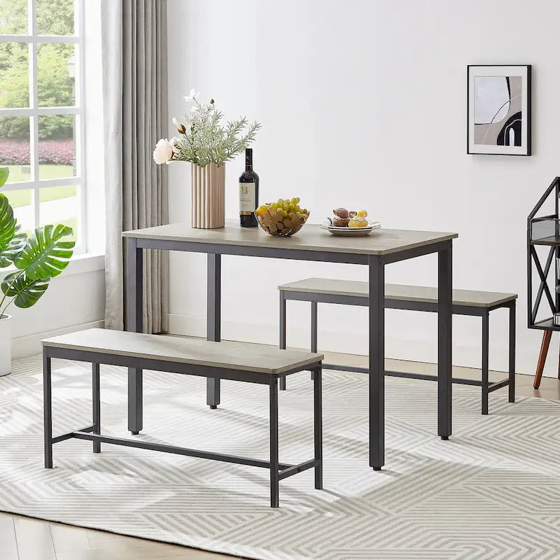 Ensemble Table à Manger Industrielle avec 2 Bancs, 4 Places, Noir / Marron Rustique / Blanc+Naturel / Gris, Pieds en Métal