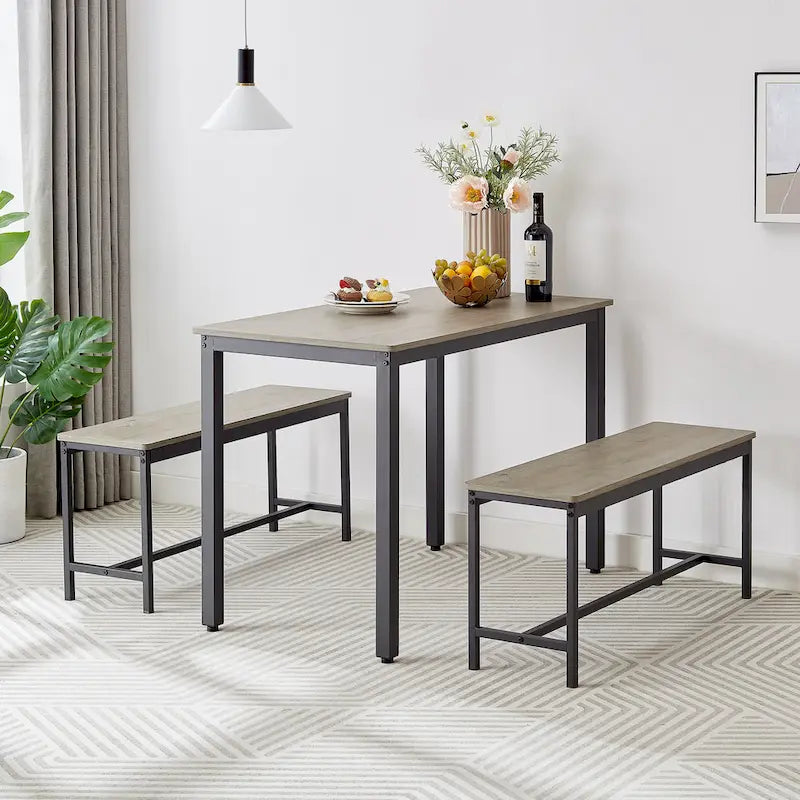 Ensemble Table à Manger Industrielle avec 2 Bancs, 4 Places, Noir / Marron Rustique / Blanc+Naturel / Gris, Pieds en Métal