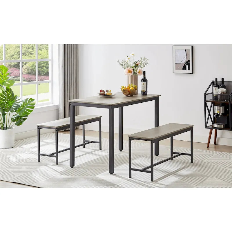 Ensemble Table à Manger Industrielle avec 2 Bancs, 4 Places, Noir / Marron Rustique / Blanc+Naturel / Gris, Pieds en Métal