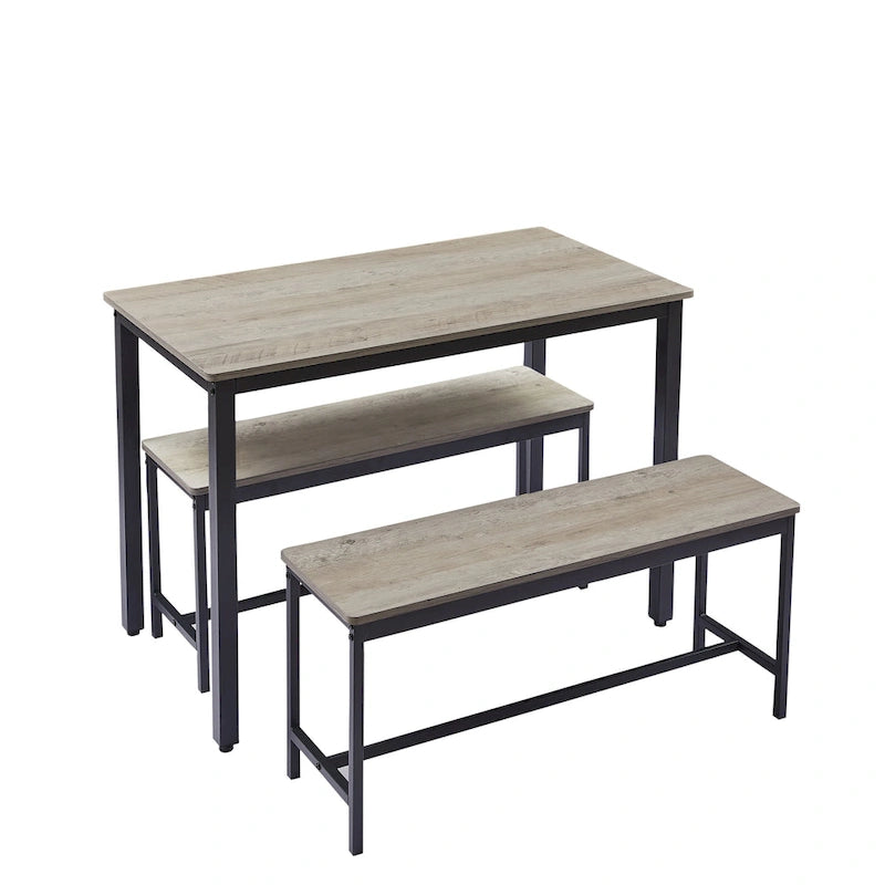 Ensemble Table à Manger Industrielle avec 2 Bancs, 4 Places, Noir / Marron Rustique / Blanc+Naturel / Gris, Pieds en Métal
