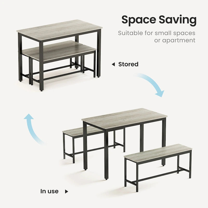 Ensemble Table à Manger Industrielle avec 2 Bancs, 4 Places, Noir / Marron Rustique / Blanc+Naturel / Gris, Pieds en Métal