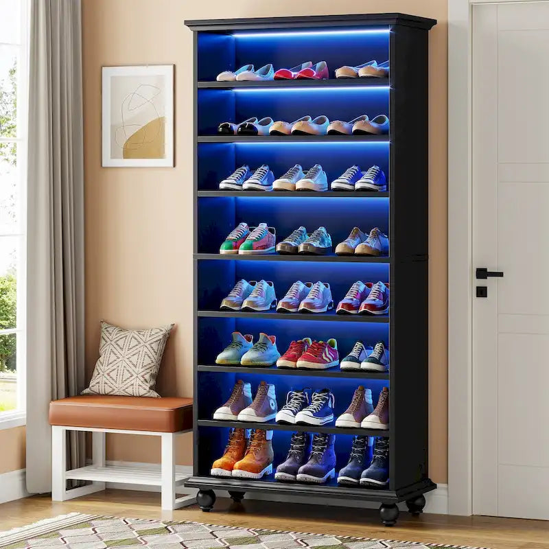Meuble à chaussures haut à 9 niveaux avec éclairage LED 64 couleurs, peut contenir 30 paires (Blanc / Noir / Chêne)