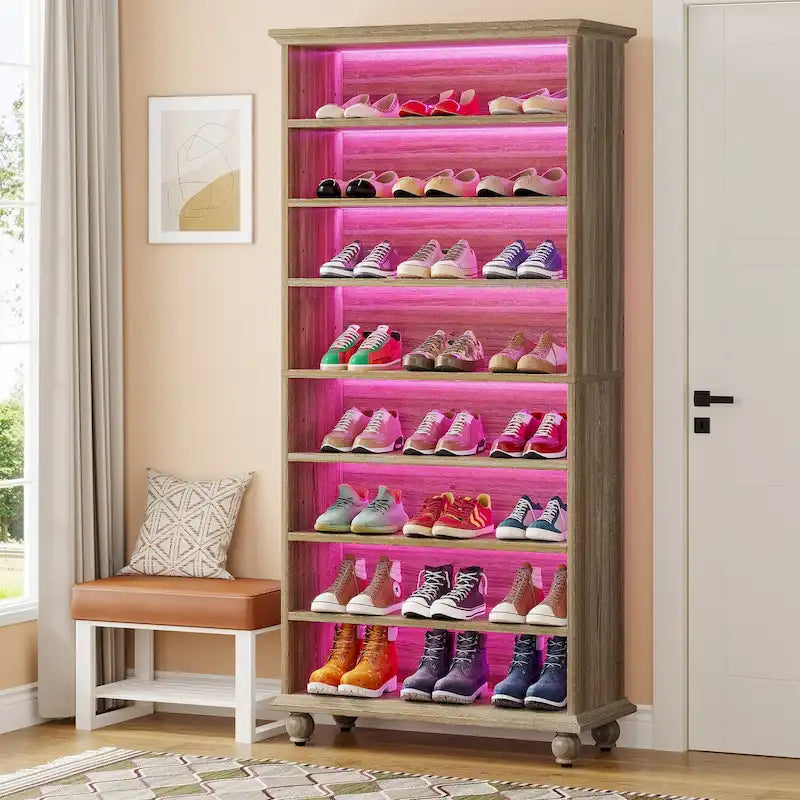 Meuble à chaussures haut à 9 niveaux avec éclairage LED 64 couleurs, peut contenir 30 paires (Blanc / Noir / Chêne)