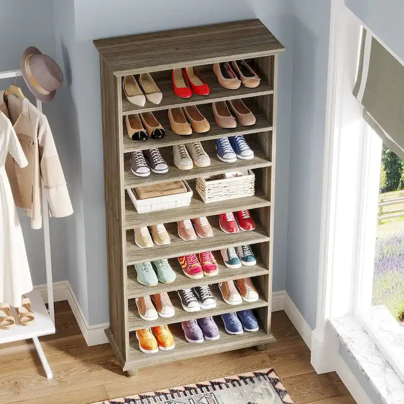 Meuble à chaussures haut à 9 niveaux avec éclairage LED 64 couleurs, peut contenir 30 paires (Blanc / Noir / Chêne)