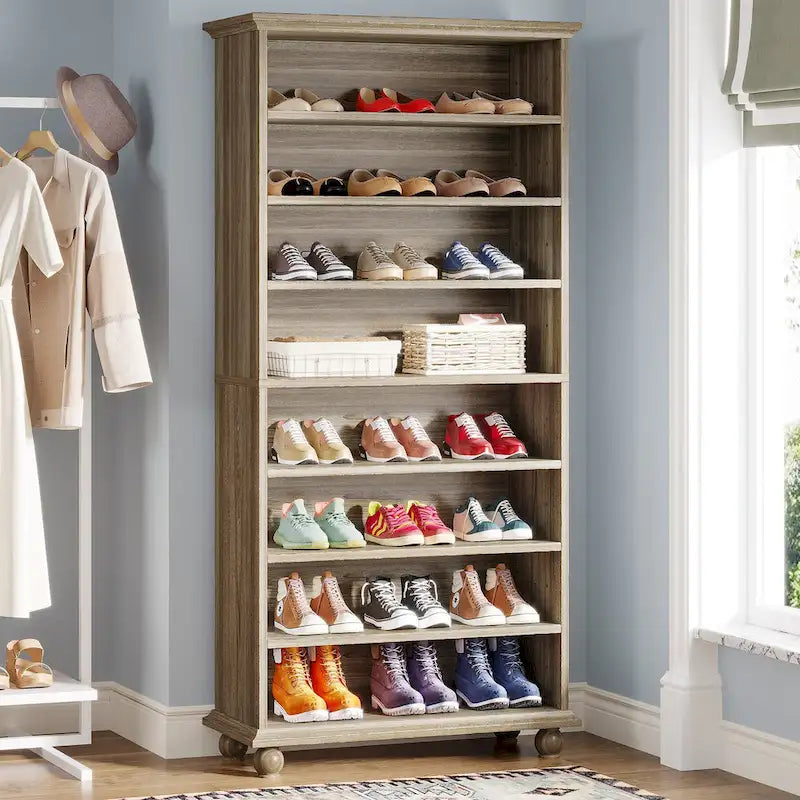 Meuble à chaussures haut à 9 niveaux avec éclairage LED 64 couleurs, peut contenir 30 paires (Blanc / Noir / Chêne)