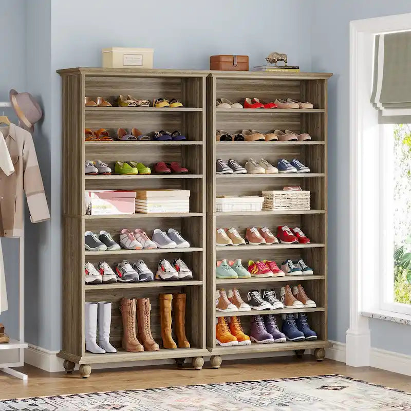 Meuble à chaussures haut à 9 niveaux avec éclairage LED 64 couleurs, peut contenir 30 paires (Blanc / Noir / Chêne)
