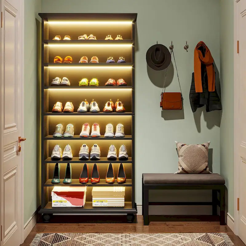 Meuble à chaussures haut à 9 niveaux avec éclairage LED 64 couleurs, peut contenir 30 paires (Blanc / Noir / Chêne)