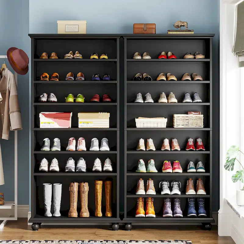 Meuble à chaussures haut à 9 niveaux avec éclairage LED 64 couleurs, peut contenir 30 paires (Blanc / Noir / Chêne)