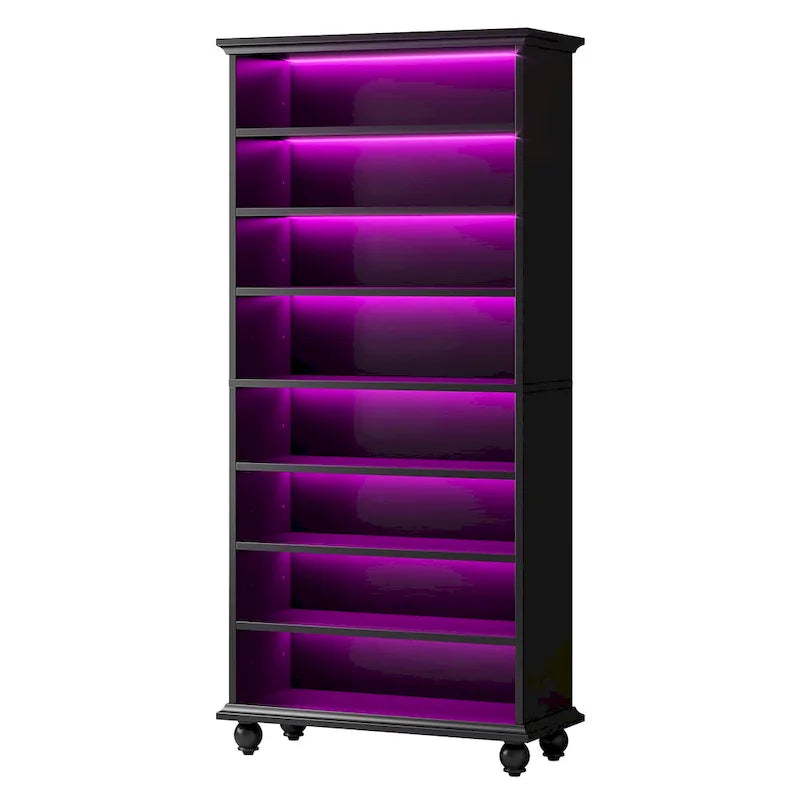 Meuble à chaussures haut à 9 niveaux avec éclairage LED 64 couleurs, peut contenir 30 paires (Blanc / Noir / Chêne)