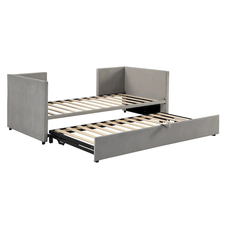 Lit de repos jumeau rembourré gris avec lit gigogne relevable, 2 couchages