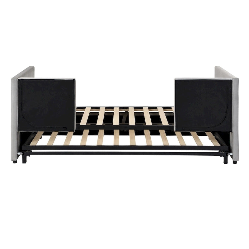 Lit de repos jumeau rembourré gris avec lit gigogne relevable, 2 couchages