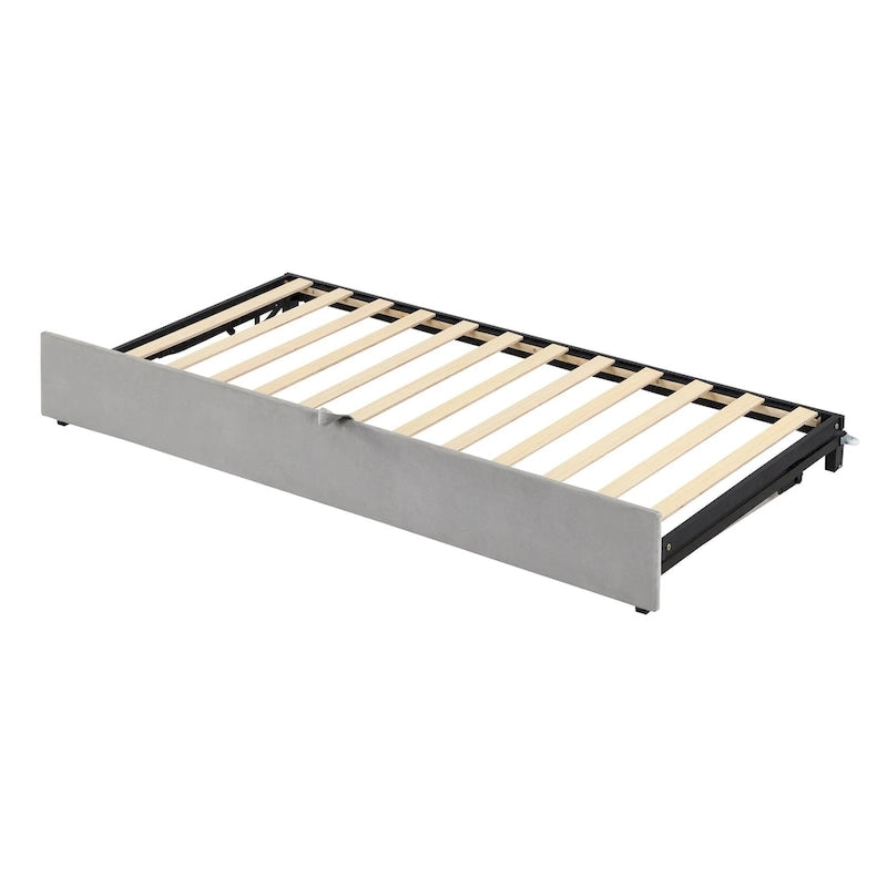 Lit de repos jumeau rembourré gris avec lit gigogne relevable, 2 couchages