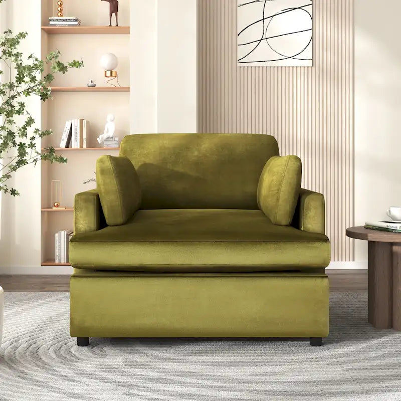 Fauteuil de salon vert moderne avec coussins d'accoudoirs, une place