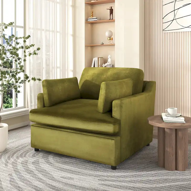 Fauteuil de salon vert moderne avec coussins d'accoudoirs, une place