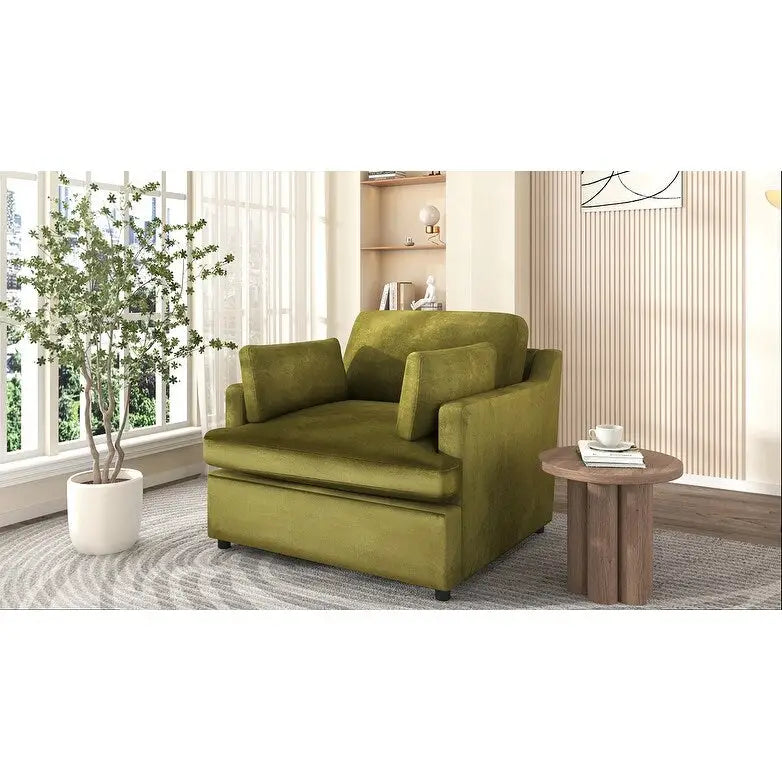 Fauteuil de salon vert moderne avec coussins d'accoudoirs, une place