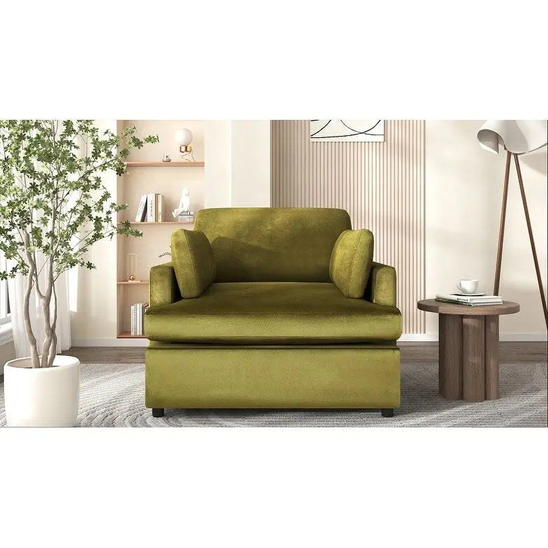 Fauteuil de salon vert moderne avec coussins d'accoudoirs, une place