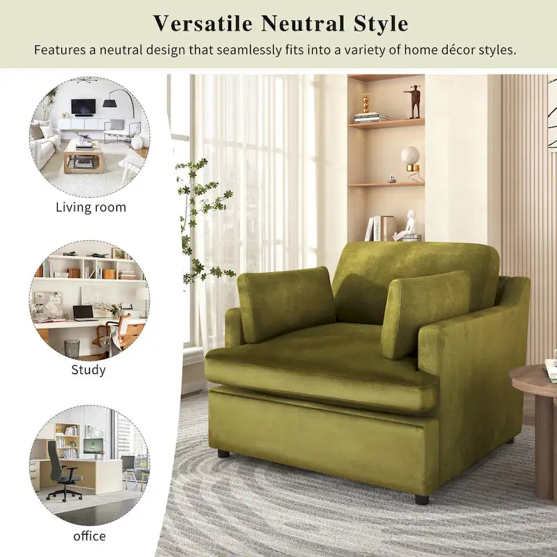Fauteuil de salon vert moderne avec coussins d'accoudoirs, une place