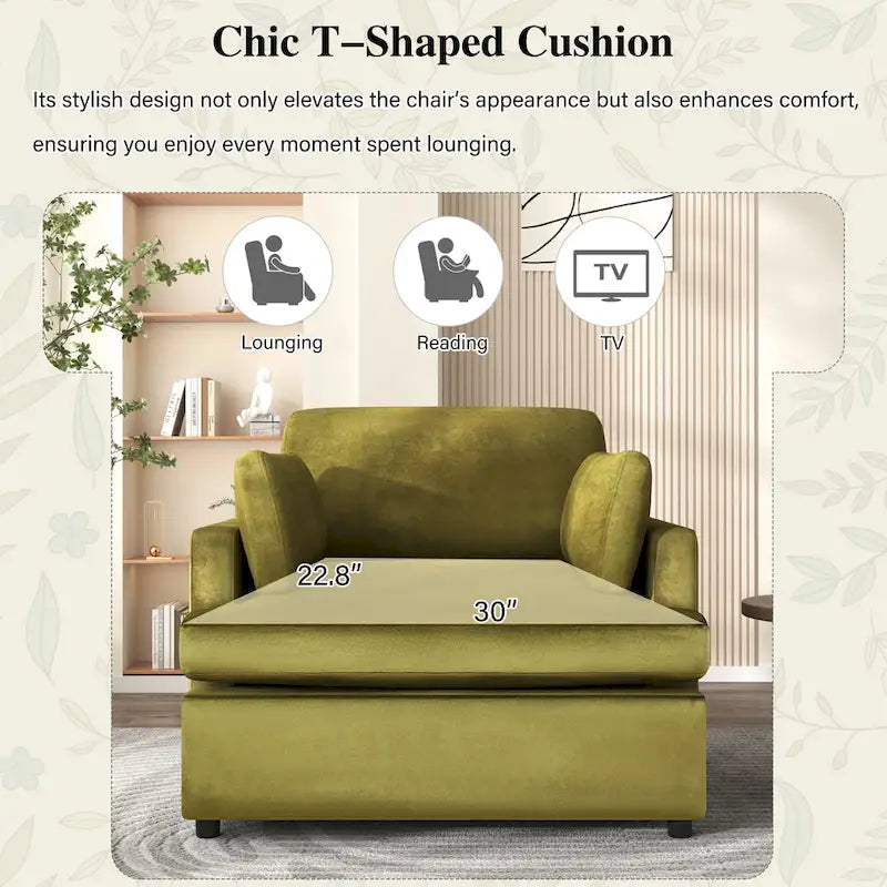 Fauteuil de salon vert moderne avec coussins d'accoudoirs, une place