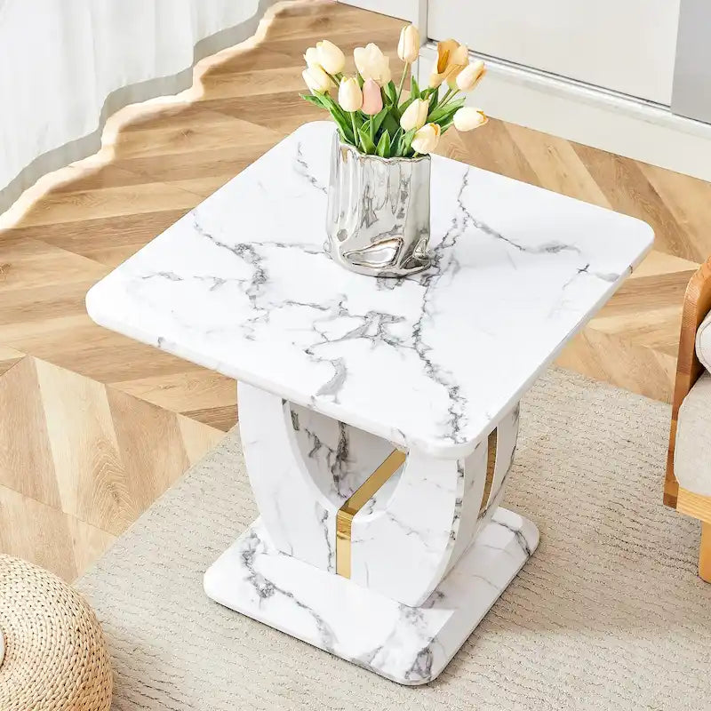 Table basse carrée noire/blanche/bois avec bordure dorée, un seul plateau, pour 1 à 2 personnes