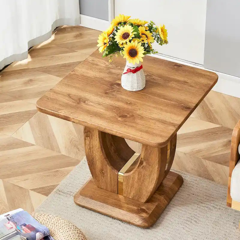 Table basse carrée noire/blanche/bois avec bordure dorée, un seul plateau, pour 1 à 2 personnes