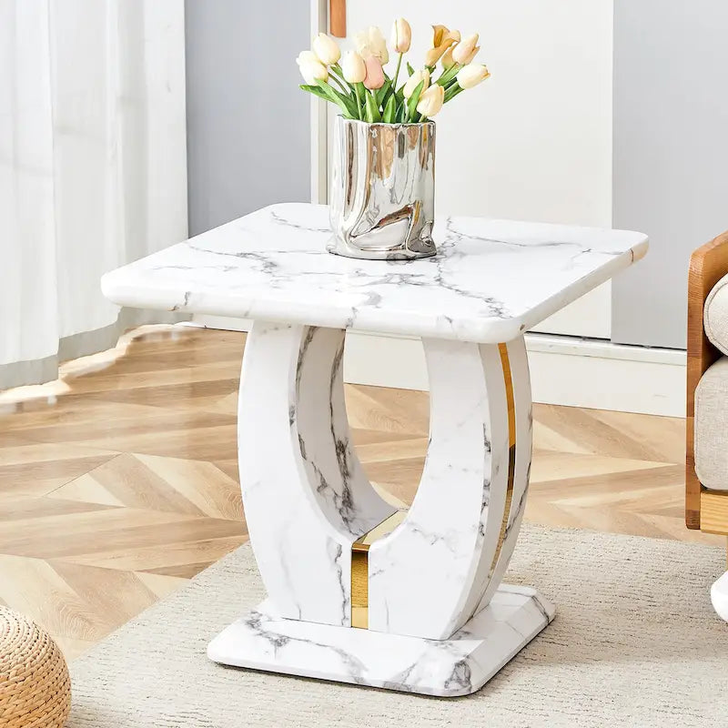 Table basse carrée noire/blanche/bois avec bordure dorée, un seul plateau, pour 1 à 2 personnes