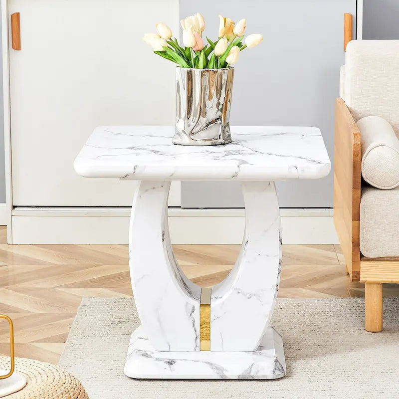 Table basse carrée noire/blanche/bois avec bordure dorée, un seul plateau, pour 1 à 2 personnes