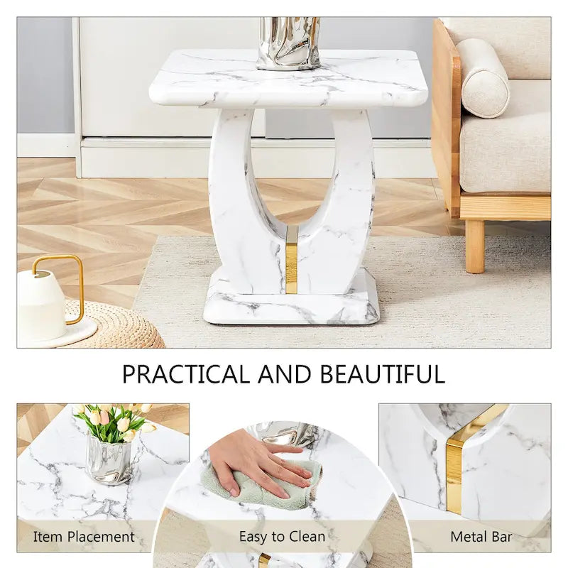 Table basse carrée noire/blanche/bois avec bordure dorée, un seul plateau, pour 1 à 2 personnes