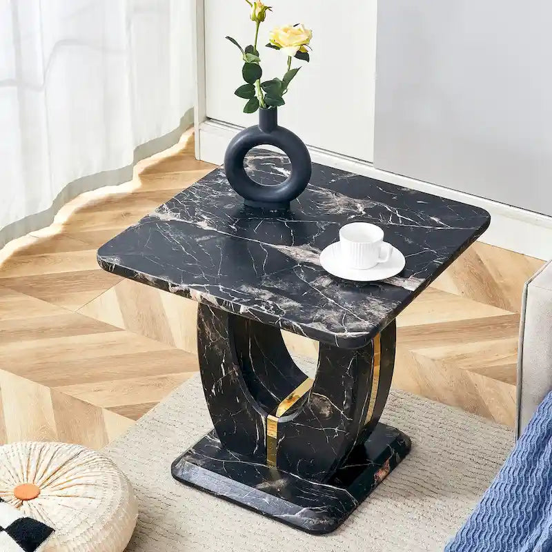 Table basse carrée noire/blanche/bois avec bordure dorée, un seul plateau, pour 1 à 2 personnes
