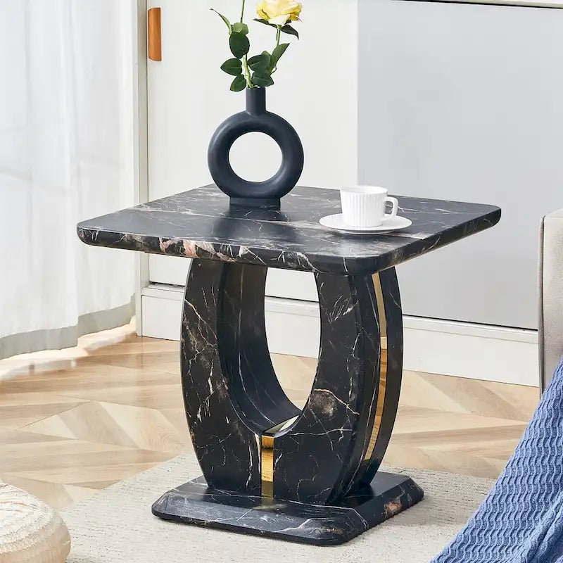 Table basse carrée noire/blanche/bois avec bordure dorée, un seul plateau, pour 1 à 2 personnes