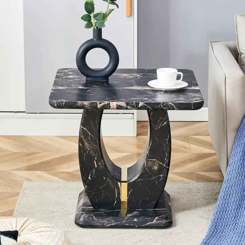 Table basse carrée noire/blanche/bois avec bordure dorée, un seul plateau, pour 1 à 2 personnes