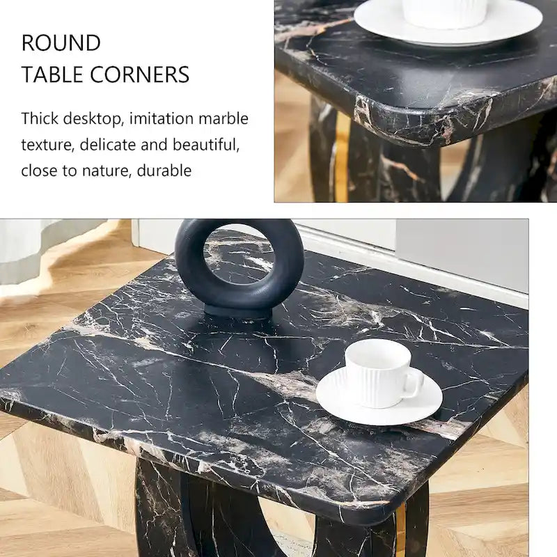 Table basse carrée noire/blanche/bois avec bordure dorée, un seul plateau, pour 1 à 2 personnes