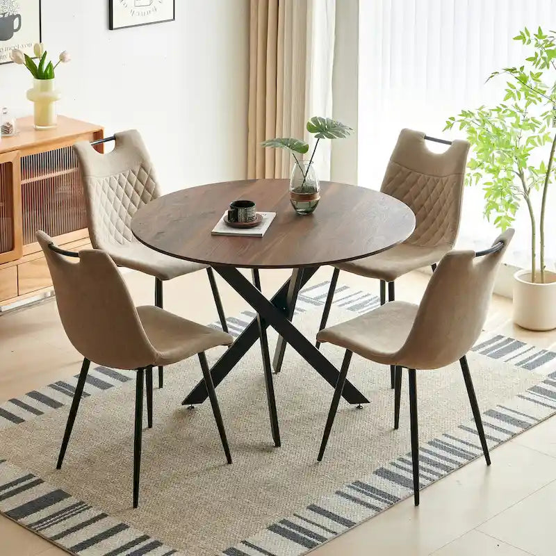 Ensemble de salle à manger rond 5 pièces, beige et marron, pour 4 à 6 personnes