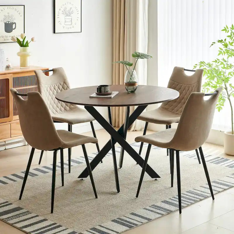 Ensemble de salle à manger rond 5 pièces, beige et marron, pour 4 à 6 personnes