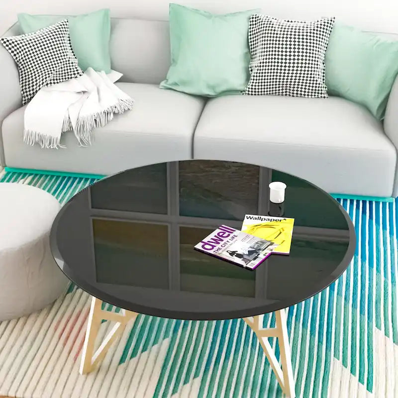 Dessus de Table Rond en Verre Trempé Noir, Bord Biseauté Poli, 1 Personne