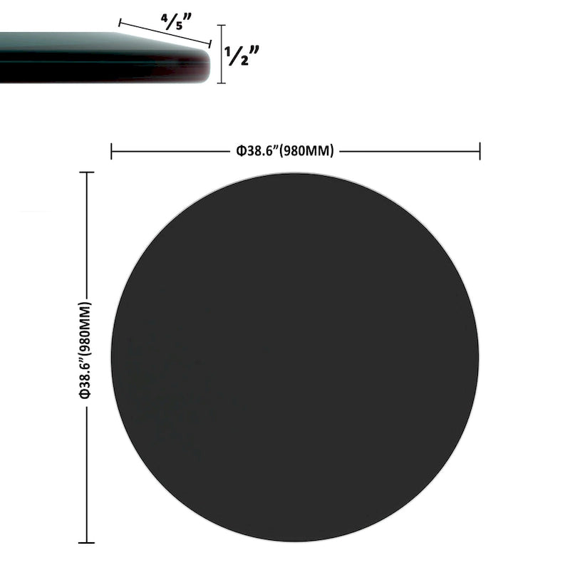 Dessus de Table Rond en Verre Trempé Noir, Bord Biseauté Poli, 1 Personne