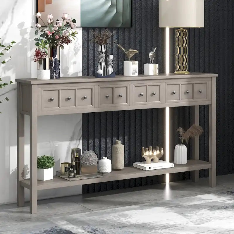 Console rustique gris délavé/bleu marine avec 4 tiroirs et une étagère, assemblage par 1 personne