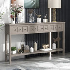 Console rustique gris délavé/bleu marine avec 4 tiroirs et une étagère, assemblage par 1 personne